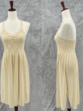 Vintage Vanity Fair Size 34L Beige Nylon Satin Lace Racerback Slip Dress Sheer